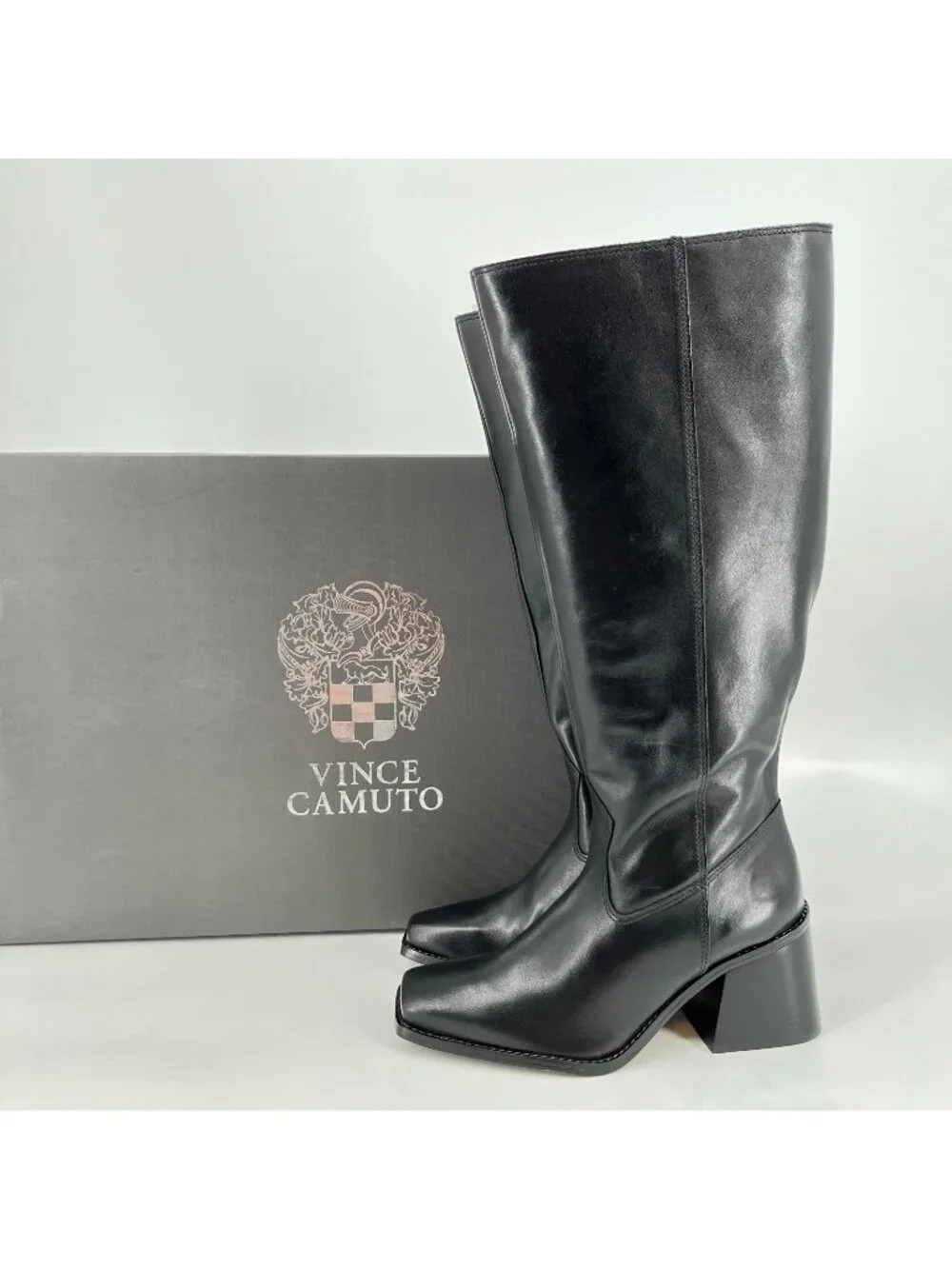 Vince Camuto Sangeti Knee High Boots Black Size 8W Leather Block Heel X-Wide